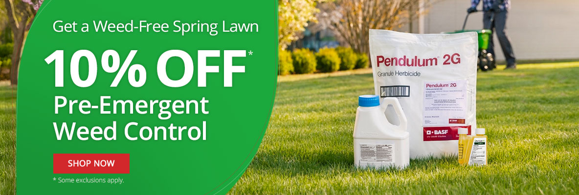 Alt text: 10% Off* Pre-Emergent Weed Control - Get A Weed-Free Lawn - Shop Now *Some Exclusions Apply