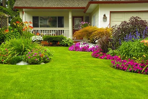 Image of a house with a healthy lawn and flower beds