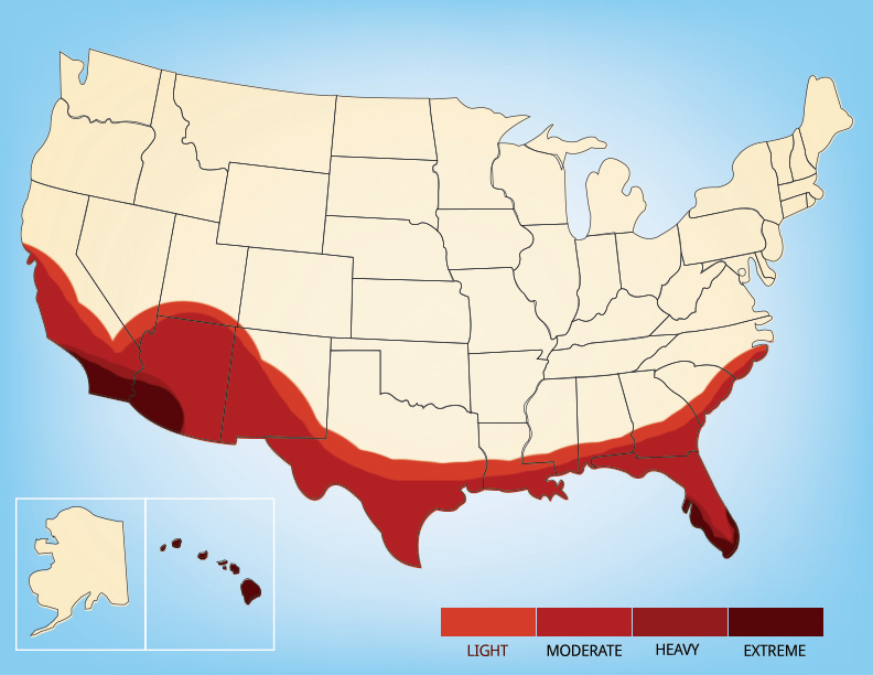 drywood termite range map showing where drywood termites are found