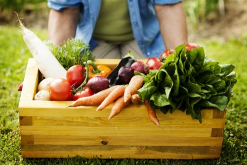 Image of a person holding a wooden box full of fresh vegetables