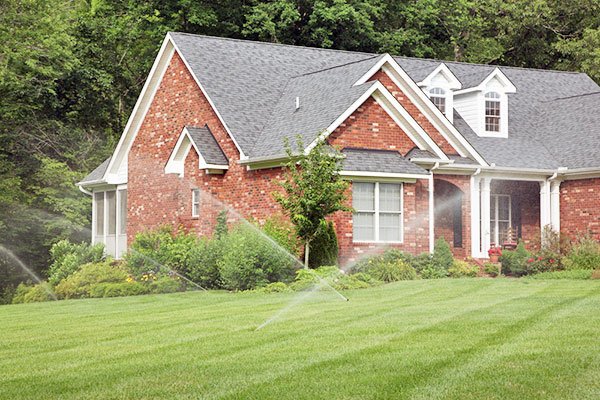 Image of a healthy lawn watered by sprinklers