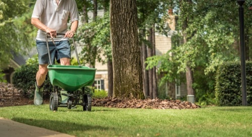 A photo of a man using a push spreader to seed their lawn.