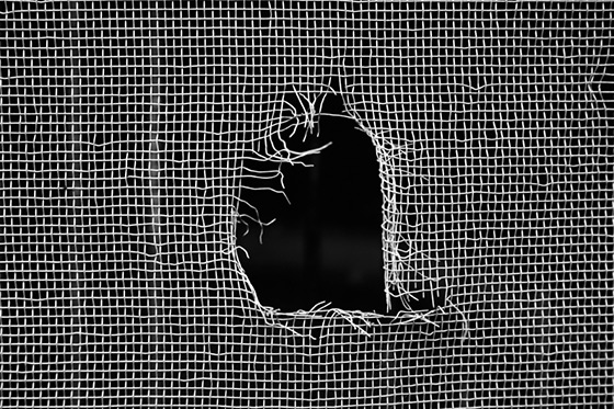 Image of a window screen with a hole in it