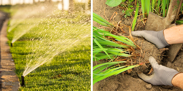 Image montage of lawn irrigation and removing shrubbery