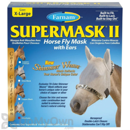 Farnam SuperMask II Horse Fly Mask Shimmer Weave with Ears - Silver/Lynx (X-Large)