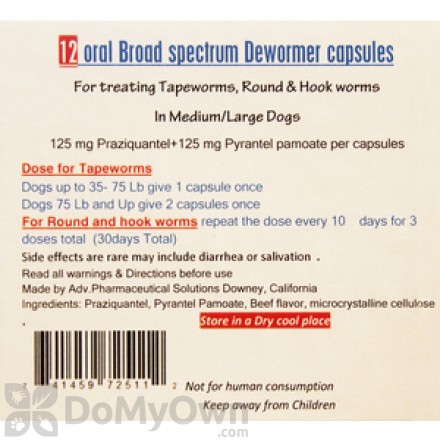 Oral Broad Spectrum Dewormer for Medium and Large Dogs 12 Counts